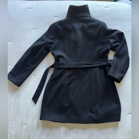 NWT Tahari Elaine Navy Blue Belted Wool Coat with Faux Leather Trim - Picture 6 of 11